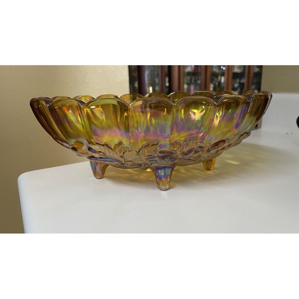 Vintage Iridescent "Carnival Glass" Grape Harvest‎ Large Oval  Footed Bowl